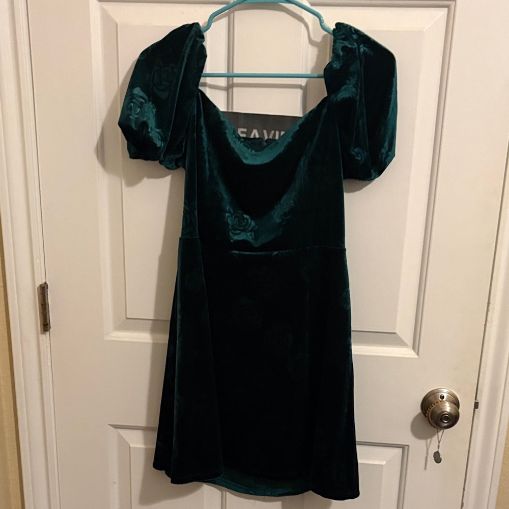 Francesca’s Velvet Puff Sleeve Dress in Dark Green